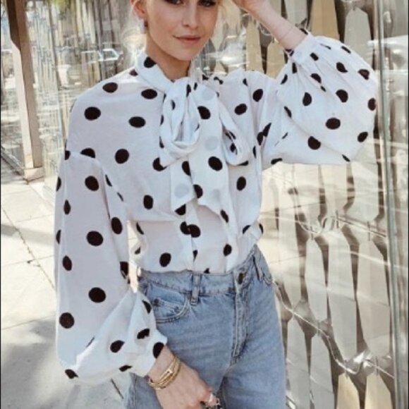 H&M SZ 6 Black & White polka dot bow peplum blouse Chic Capsule Preppy Career - Picture 1 of 13